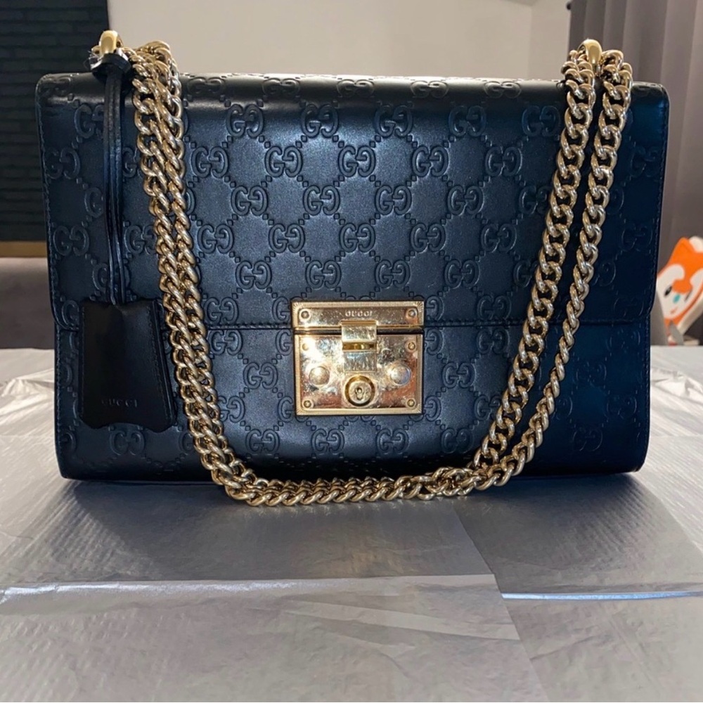 Gucci Padlock Black Embossed GG Leather Shoulder Bag with Gold Chain